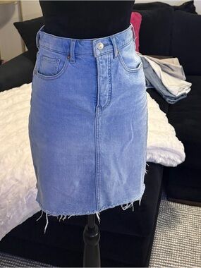 Express Light Blue Denim Mini Skirt with Raw Hem